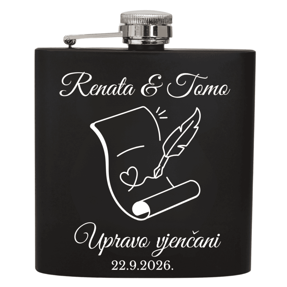 Personalizirana pljoska s datumom vjenčanja i imenima mladenaca – idealan poklon za posebne goste."