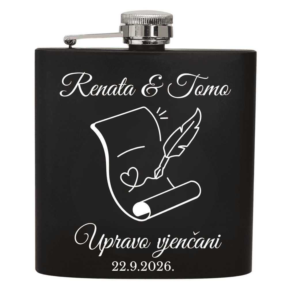 Personalizirana pljoska s datumom vjenčanja i imenima mladenaca – idealan poklon za posebne goste."