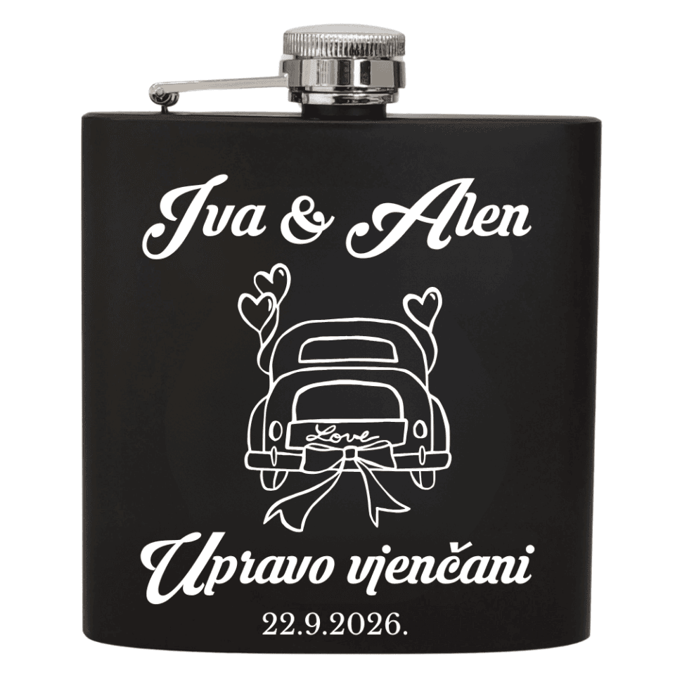 Personalizirana pljoska s datumom vjenčanja i imenima mladenaca – idealan poklon za posebne goste."