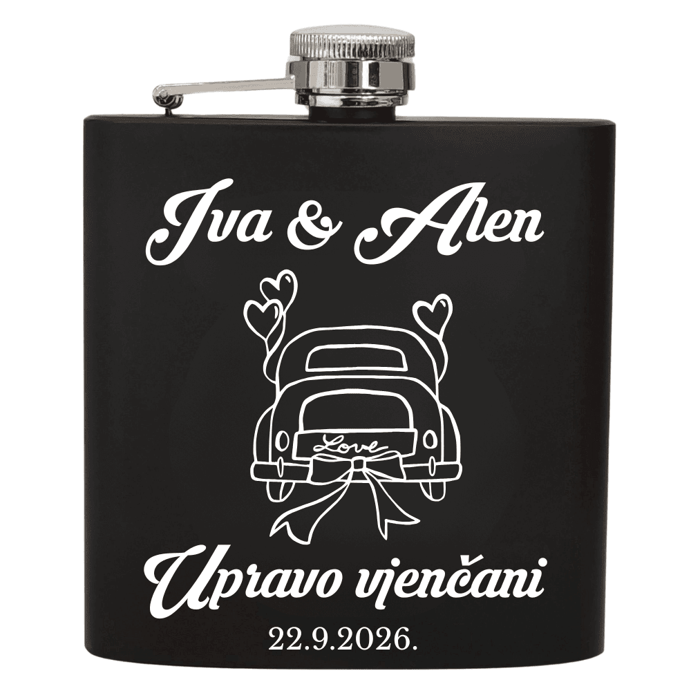Personalizirana pljoska s datumom vjenčanja i imenima mladenaca – idealan poklon za posebne goste."