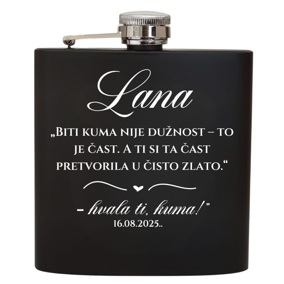 "Elegantne crne mat pljoske – savršen poklon za kumove na vjenčanju. S modernim, sofisticiranim dizajnom, ove pljoske su idealan simbol zahvalnosti i prijateljstva. Kvalitetan materijal i elegantan izgled čine ih praktičnim i stilski upečatljivim darom koji će oduševiti vaše kumove. Personalizirajte ih i učinite ovaj poklon nezaboravnim dijelom vašeg vjenčanja."