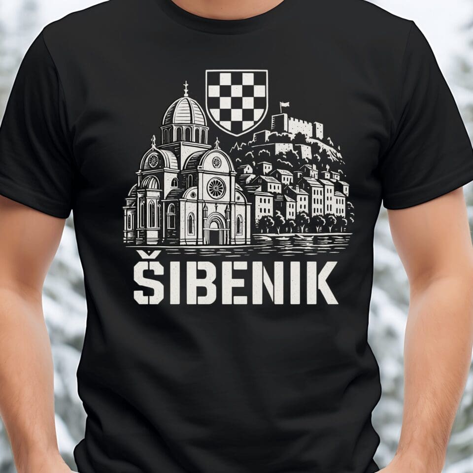 Crna suvenir majica s minimalističkim dizajnom Šibenika – prikaz katedrale sv. Jakova i stare gradske jezgre, poklon i uspomena za turiste