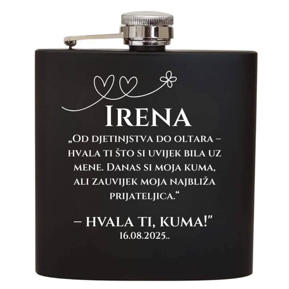 "Elegantne crne mat pljoske – savršen poklon za kumove na vjenčanju. S modernim, sofisticiranim dizajnom, ove pljoske su idealan simbol zahvalnosti i prijateljstva. Kvalitetan materijal i elegantan izgled čine ih praktičnim i stilski upečatljivim darom koji će oduševiti vaše kumove. Personalizirajte ih i učinite ovaj poklon nezaboravnim dijelom vašeg vjenčanja."