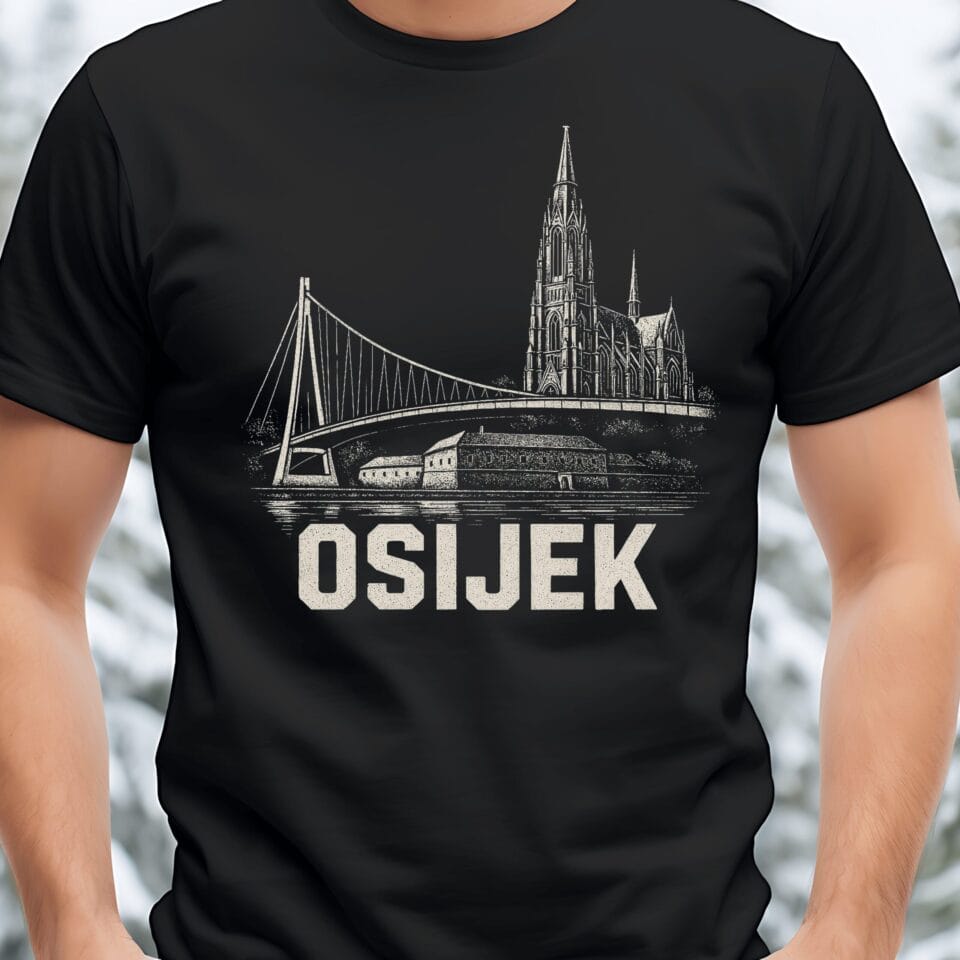Bijela suvenir majica s dizajnom Osijeka – minimalistički prikaz Tvrđe, Drave i konkatedrale, poklon i uspomena za turiste
