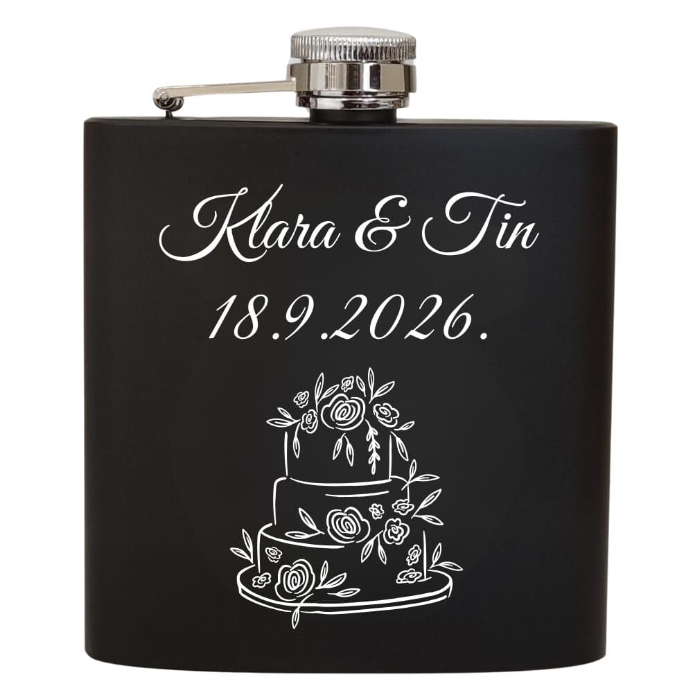 "Elegantne crne mat pljoske – savršen poklon za kumove na vjenčanju. S modernim, sofisticiranim dizajnom, ove pljoske su idealan simbol zahvalnosti i prijateljstva. Kvalitetan materijal i elegantan izgled čine ih praktičnim i stilski upečatljivim darom koji će oduševiti vaše kumove. Personalizirajte ih i učinite ovaj poklon nezaboravnim dijelom vašeg vjenčanja."