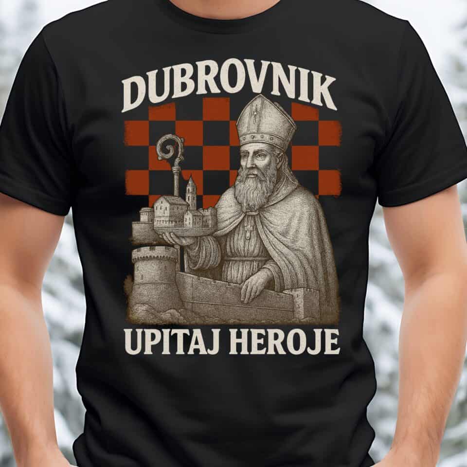 Crna suvenir majica s dizajnom Dubrovnika – stilizirani motiv gradskih zidina i kule Minčeta, poklon i uspomena za turiste