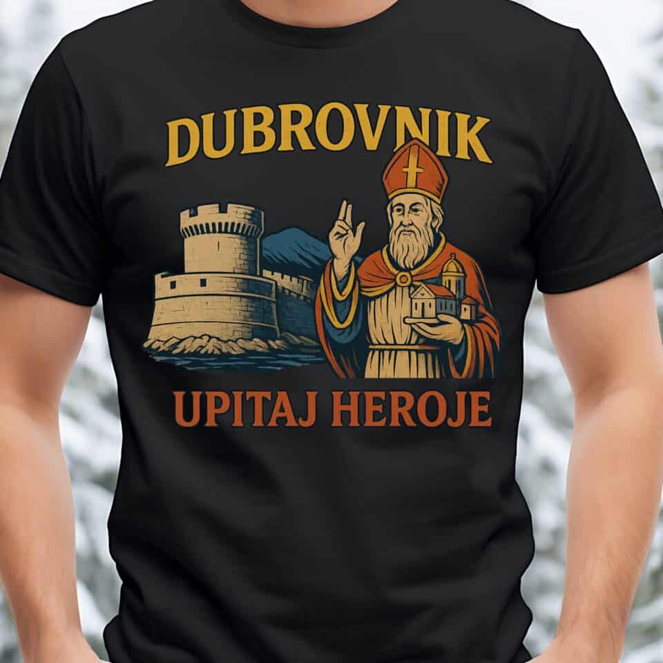 Crna suvenir majica s dizajnom Dubrovnika – stilizirani motiv gradskih zidina i kule Minčeta, poklon i uspomena za turiste