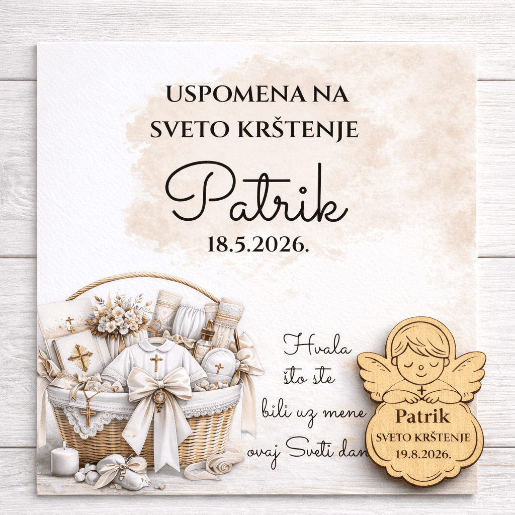 Drveni magnet anđeo za krštenje – personalizirana uspomena