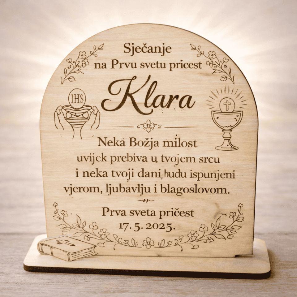 Ova elegantna drvena uspomena za Prvu svetu pričest izrađena je od kvalitetnog drveta debljine 4 mm i visine 15 cm. Precizna gravura s toplim, duhovnim porukama čini je trajnim simbolom jednog od najvažnijih sakramenata u životu djeteta.