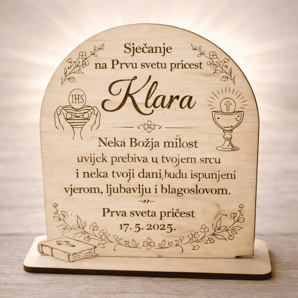 Ova elegantna drvena uspomena za Prvu svetu pričest izrađena je od kvalitetnog drveta debljine 4 mm i visine 15 cm. Precizna gravura s toplim, duhovnim porukama čini je trajnim simbolom jednog od najvažnijih sakramenata u životu djeteta.