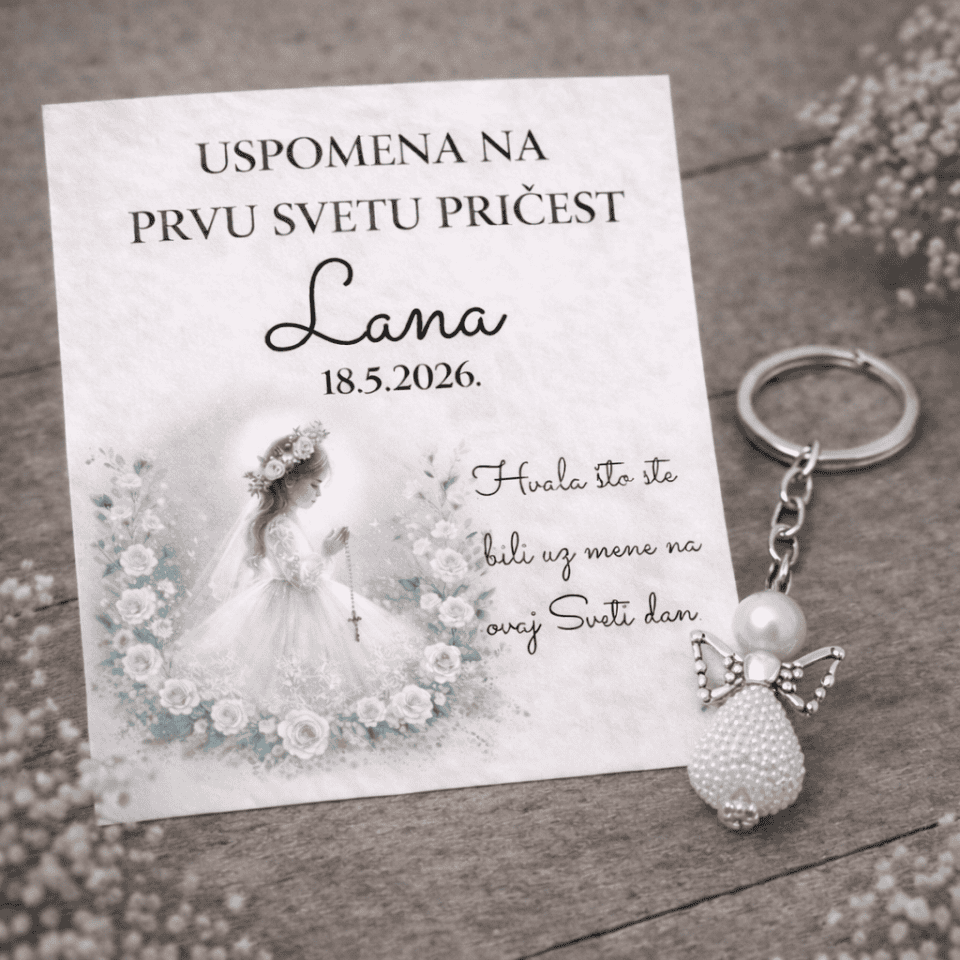 Zahvalnica za prvu svetu pričest , svetu krstenje, svetu potvrdu, svetu krizmu s anđelom privjeskom, personalizirana kartica s imenom i datumom.