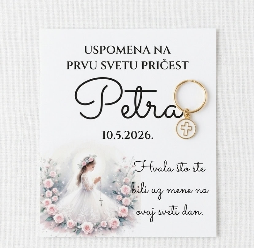 prva sveta pričest, uspomena pričest, zahvalnica za pričest, poklon pričest, personalizirana pričest, uspomena s imenom, prva pričest poklon, religijski poklon