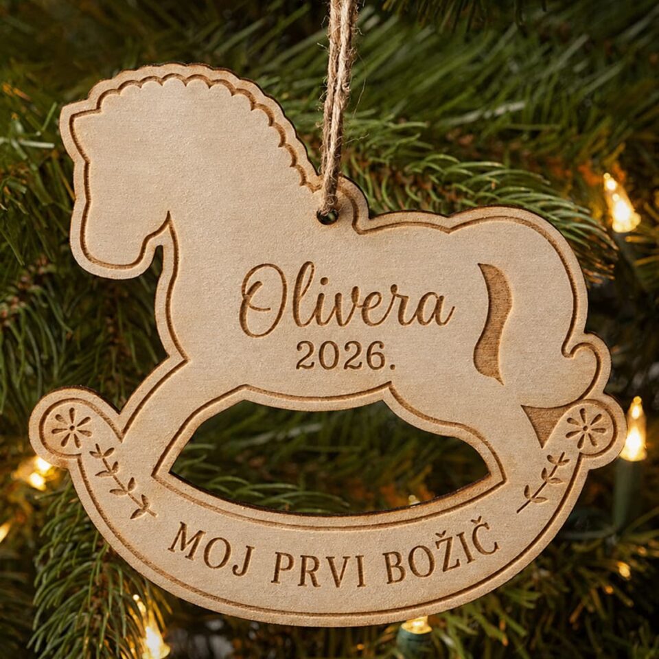 Personalizirani drveni ukras za bor – Konjić za ljuljanje s imenom