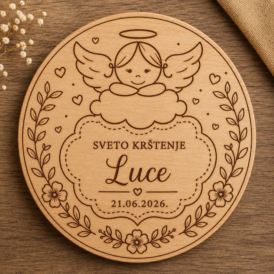 Personalizirani drveni magnet promjera 65 mm s gravurom anđela, imenom djeteta i datumom Svetog krštenja