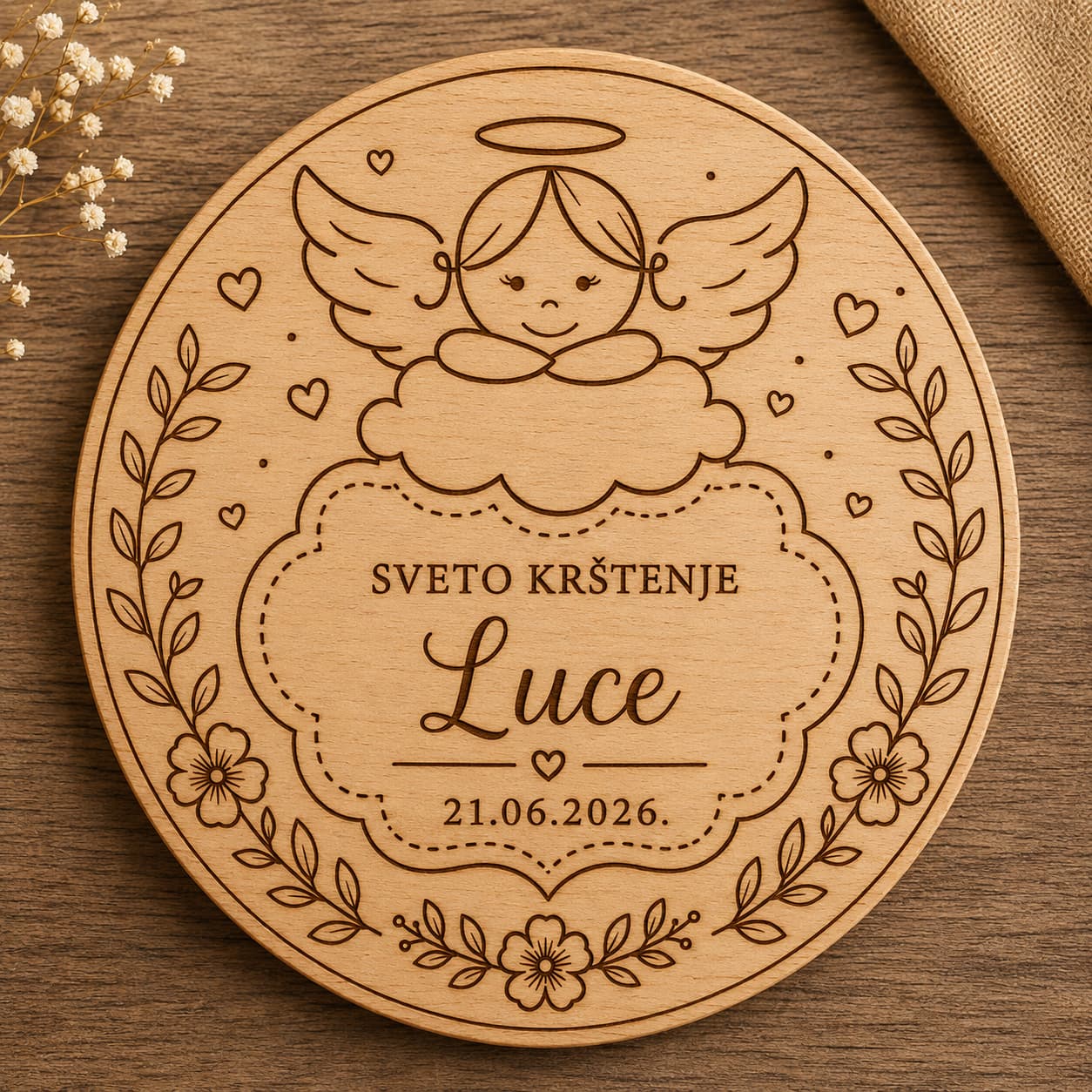 Personalizirani drveni magnet promjera 65 mm s gravurom anđela, imenom djeteta i datumom Svetog krštenja