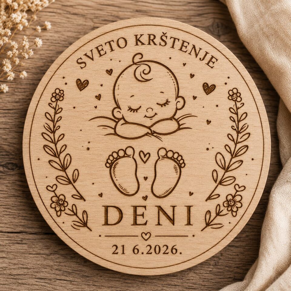 Personalizirani drveni magnet promjera 65 mm s gravurom anđela, imenom djeteta i datumom Svetog krštenja