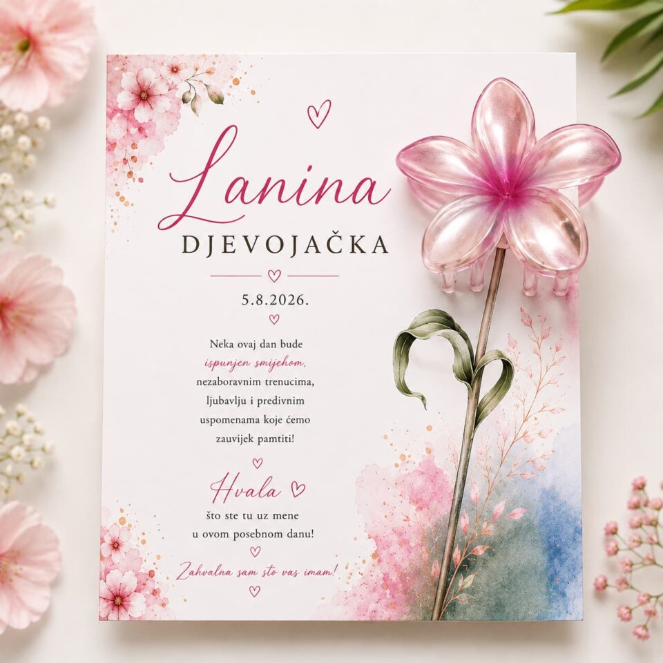 Cvjetna kopča za kosu na personaliziranoj kartici – poklon za uzvanice djevojačke večeri. Poklon za djevojačku večer – personalizirana kartica s ukrasom za kosu u obliku cvijeta. Ukras za kosu s personaliziranom karticom za djevojačku večer, idealan poklon od buduće mlade. Personalizirani poklončić za djevojačku večer – elegantna cvjetna kopča za kosu s karticom.